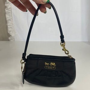 COACH black, soft leather, gold coach logo, wristlet, coin purse